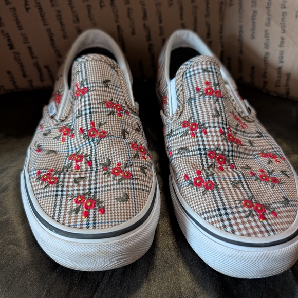Vans Shoes - Vans Plaid Slip-On Sneakers with Red Floral Embroidery